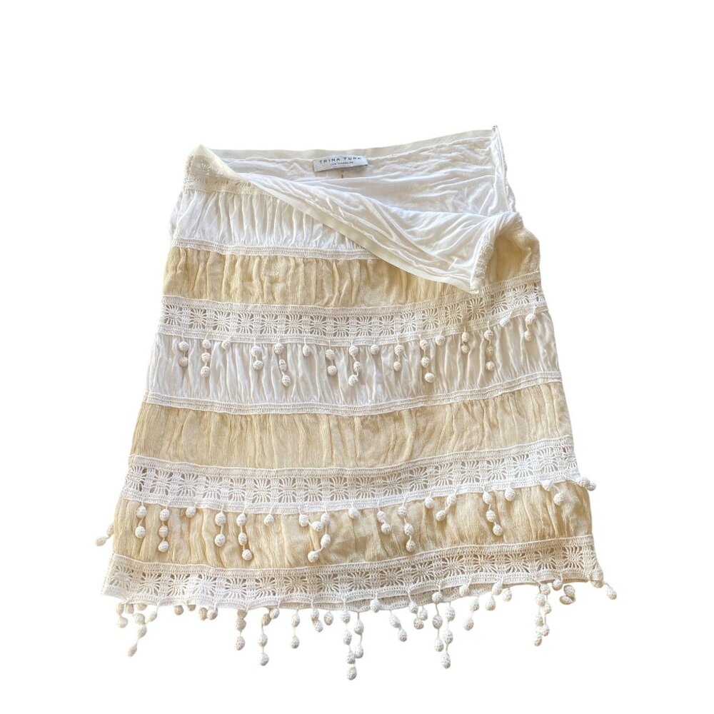 Trina Turk Skirt w/ Pom Poms Women's 12 Ivory Beige Cotton Silk Lined - Picture 8 of 15